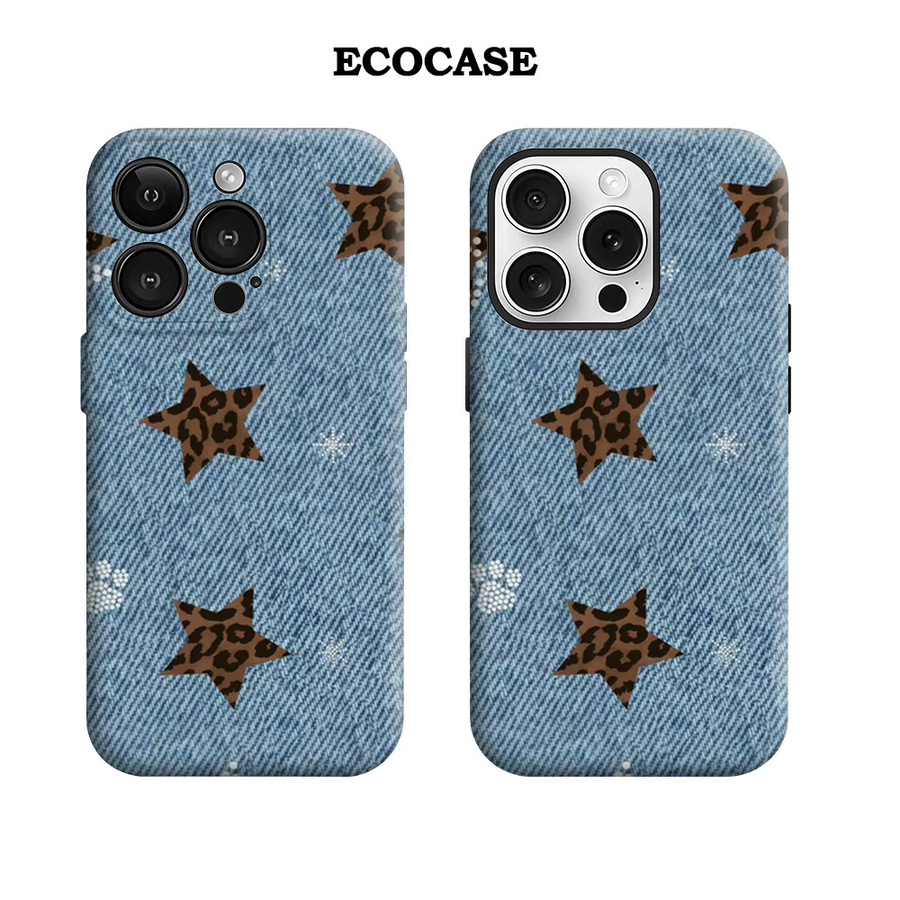 Potdemiel Handyhülle Denim Leopard Star für iPhone 17 16 15 14 13 Pro Max Plus mit doppelschichtiger Rückseite in Blau - Bild 2