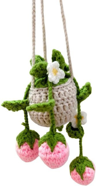 Rui Di Häkel-Auto-Hängeornament mit Erdbeeren und Blumen in Rosa und Grün - Bild 1