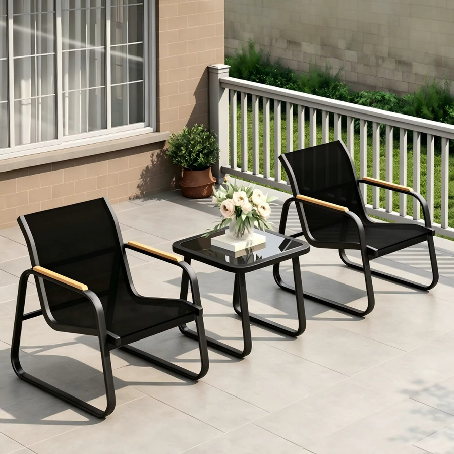 Studyset 3-teiliges Outdoor-Bistro-Set in Schwarz mit Glas-Beistelltisch und 2 Netz-Armlehnstühlen aus pulverbeschichtetem Stahl für Garten, Balkon und Terrasse - Bild 2
