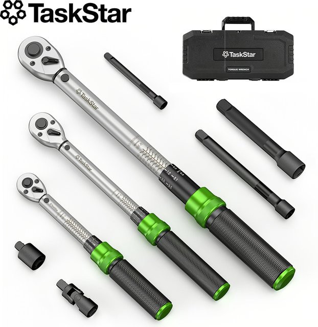 TaskStar Click Drehmomentschlüssel-Set 8 Stück in Silber mit 1/4", 3/8" und 1/2" Antrieb, ±3 % Genauigkeit und 72 Zähnen für Fahrrad- und Motorradreparaturen - Bild 1