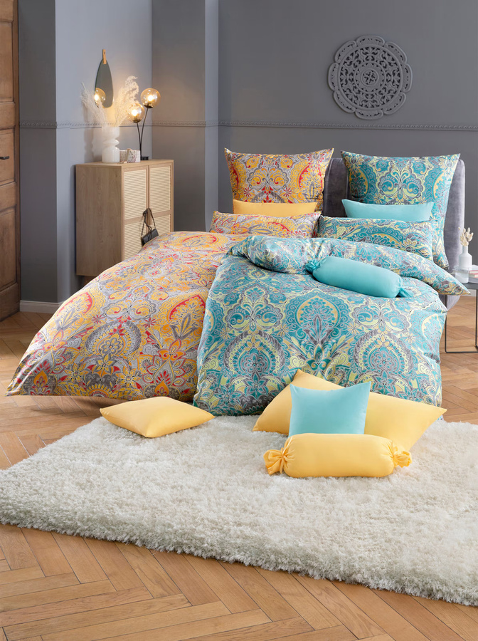 Bierbaum Bettwäsche aus Baumwolle mit floralem Boho-Design in Türkis und Blau, B/T: 135 x 200 cm - Bild 1