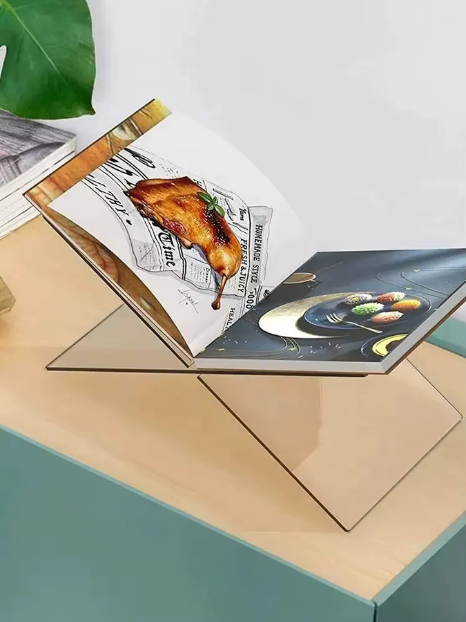 X-förmiger Buchhalter aus transparentem Acryl als Präsentationsständer für Kochbücher und Rezeptmenüs - Bild 4