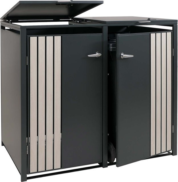 MCW 2er-Mülltonnenverkleidung O67 Mülltonnenbox mit Deckel aus Metall in Anthrazit Holzoptik hell, B/T/H: 122 x 132 x 84 cm - Bild 1