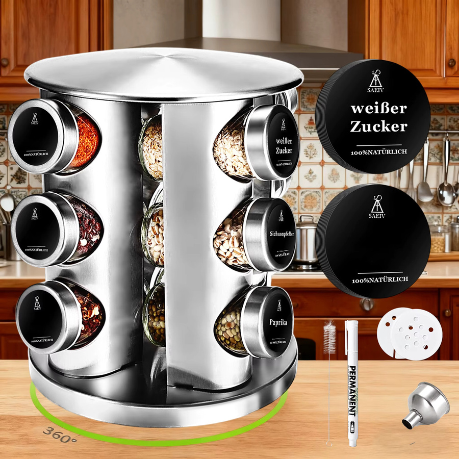 SAEIV Drehbares Gewürzregal-Set mit 12 luftdichten Glasbehältern à 120 ml, 360 Grad Edelstahl-Organizer in Silber und Transparent - Bild 2