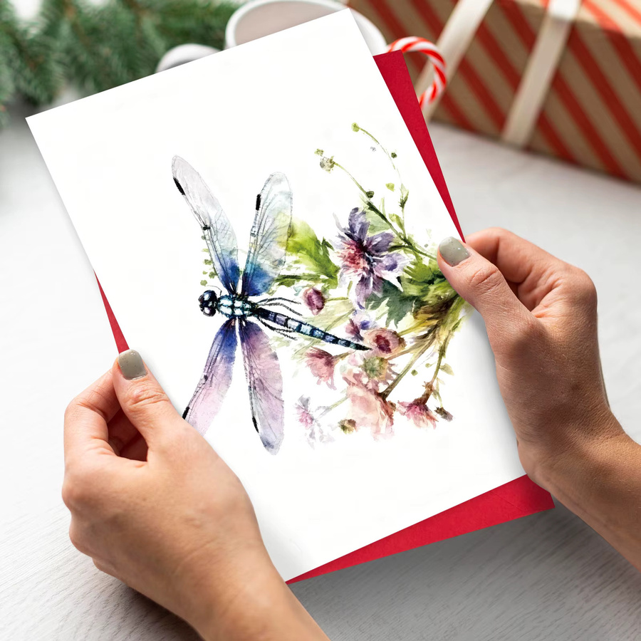 Postkarte Blumen Libelle Aquarell mit Umschlag in Multicolour - Bild 3