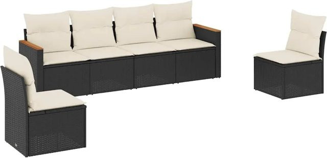 vidaXL 6-teilige Garten-Sofagarnitur in L-Form aus Polyrattan und Akazienholz mit Kissen in Schwarz und Cremeweiß - Bild 1