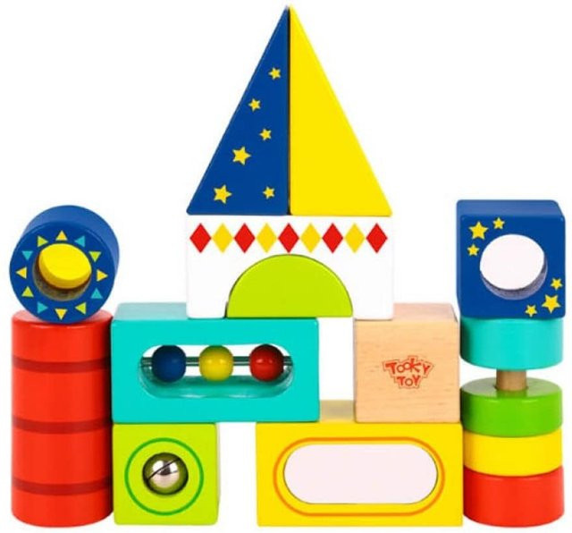 Tooky Toy Kinder Holzbausteine TL717 Buchenholz bunt 13-teiliges Set - Bild 1