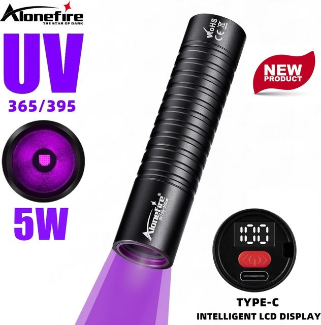 Alonefire UV-Taschenlampe USB wiederaufladbar in Schwarz für Kleberhärtung und Fleckmarkierung mit 395 nm und 365 nm Wellenlänge - Bild 1