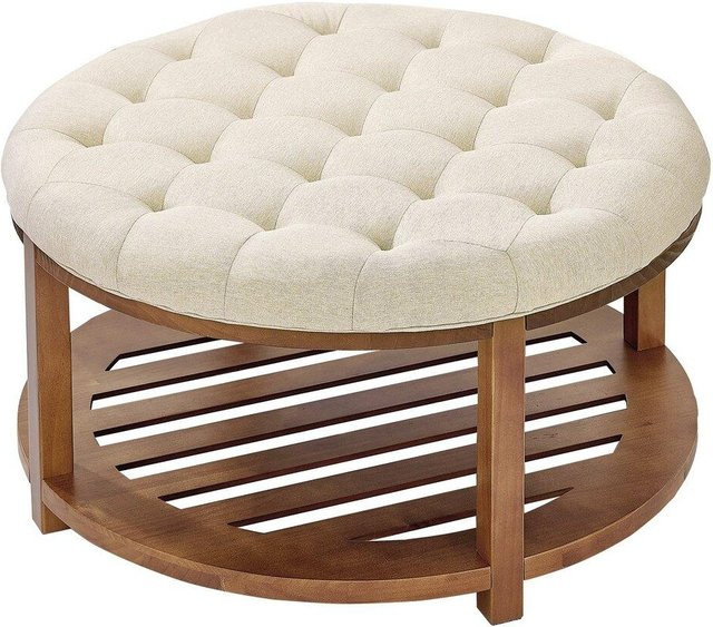 Buying Solutions MB Runder Hocker-Couchtisch aus Massivholz und Leinen in Beige, Durchmesser: 81 cm, getuftet - Bild 1