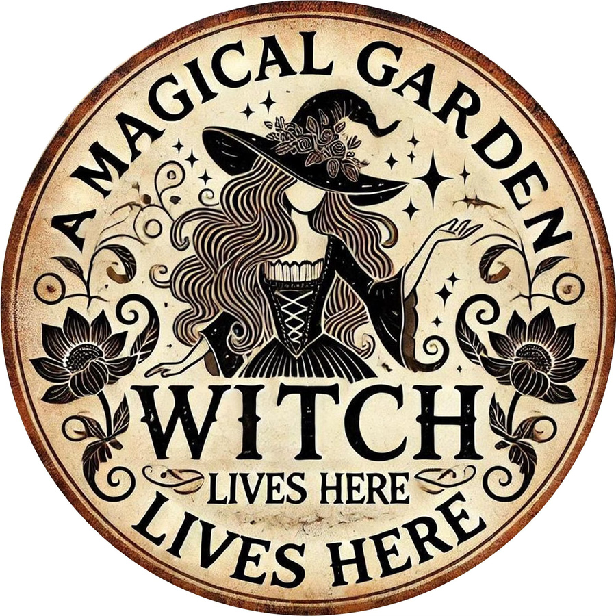 Potdemiel Rundes Metallschild Magical Garden Witch Lives Here in Vintage-Optik mit Blumenmuster, Durchmesser: 20,32 cm - Bild 3