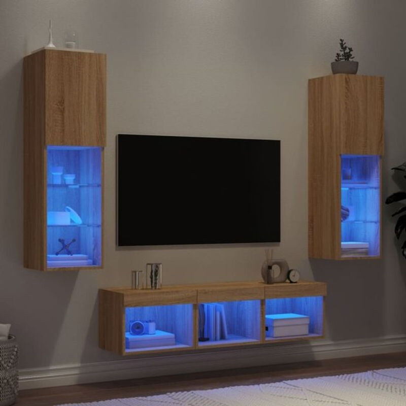 Vidaxl 5-tlg. Wohnwand Modern mit LED-Beleuchtung in Sonoma-Eiche und Braun aus Holzwerkstoff und Glas - Bild 1