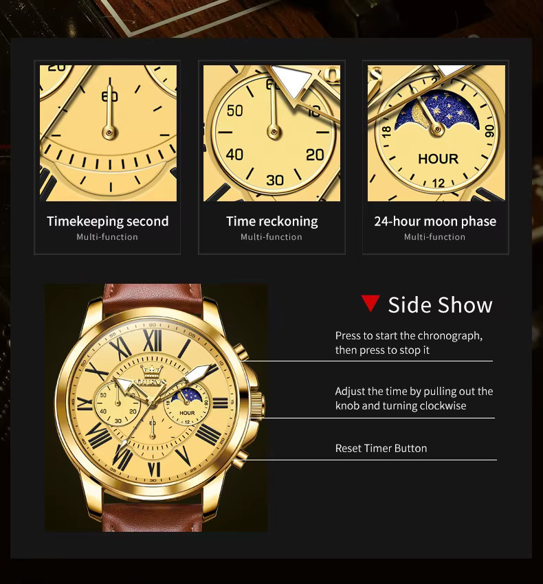 OLEVS Chronograph, Armbanduhr Quarz, Lederarmband, Gold, Herren - Bild 4