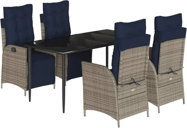 vidaXL 5-teilige Garten-Essgruppe aus Poly Rattan mit Kissen in Grau und Glastisch - Bild 1