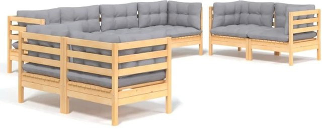 vidaXL 8-teiliges Garten-Lounge-Set aus massivem Kiefernholz in Braun-Grau mit grauen Polstern und Kissen in L-Form - Bild 1