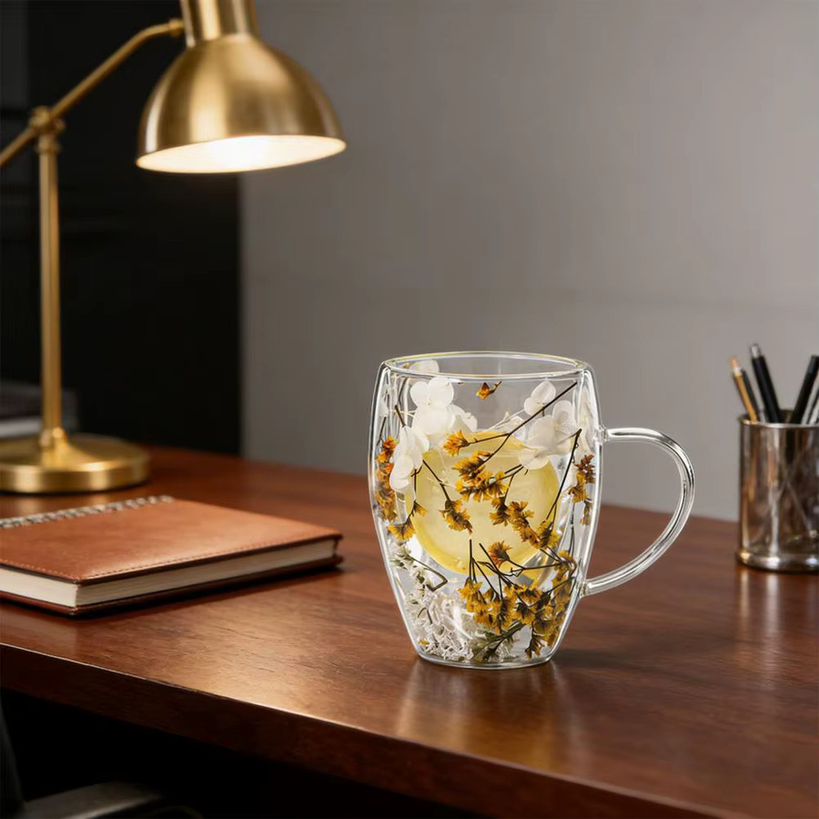 BLUELANS Doppelwandige Glas-Kaffeetasse mit Trockenblumen, Isolierter Glasbecher mit Griff, Transparent, 350 ml - Bild 3