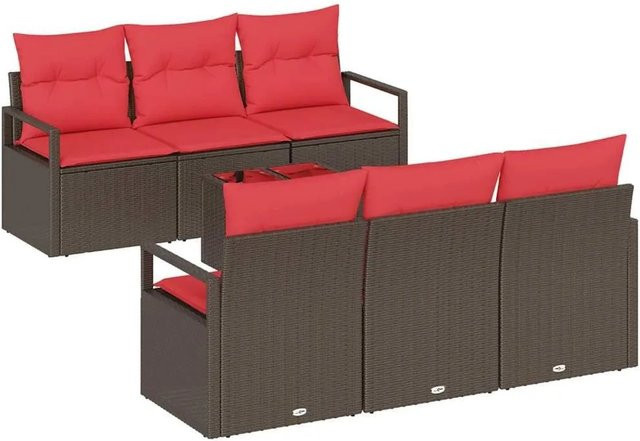 vidaXL 7-teiliges Lounge-Sofa Set aus Poly Rattan in Braun und Rot mit Kissen und Tisch - Bild 1