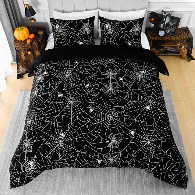 Bettwäsche-Set Flylo mit Spinnennetz-Digitaldruck, bestehend aus Bettbezug und Kissenbezügen, Farbe Schwarz, B/H: 100 x 135 cm - Bild 1