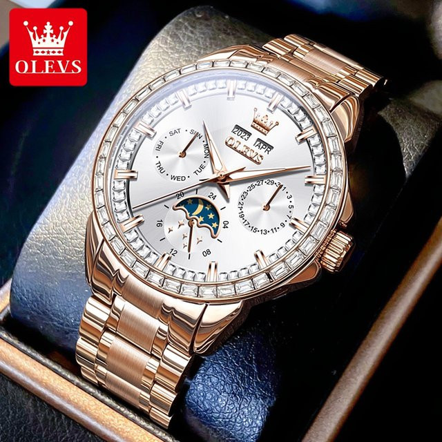 OLEVS Armbanduhr Automatik, Edelstahl, Diamant, Schwarz, Herren - Bild 1