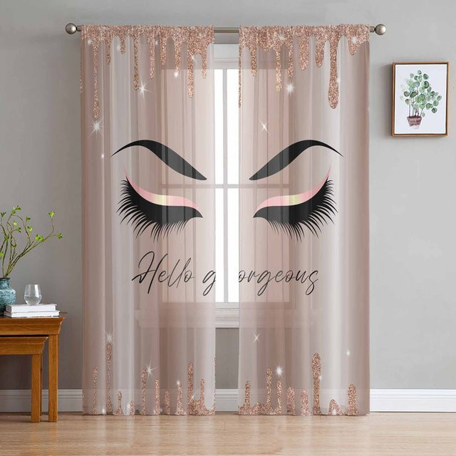 Yiran Furniture Transparentes Tüll-Fensterdekoration Vorhang mit Wimpern-Cartoon-Motiv in Rosa, Breite: 135 cm, Höhe: 115 cm - Bild 1