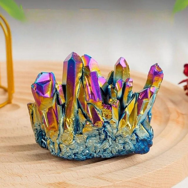 HOME9 Aura-Quarz-Cluster mit natürlicher Regenbogen-Titan-Beschichtung, bunter Edelstein zur Dekoration, 100-155g - Bild 1