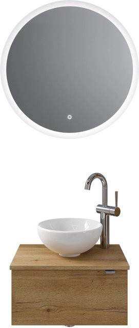 Pelipal Badmöbel-Set Serie 6915 Halifax in Eiche mit Keramik Aufsatzbecken, Waschtischunterschrank und Funktionsspiegel mit LED-Beleuchtung und Sensor-Schalter, Breite: 70 cm - Bild 1