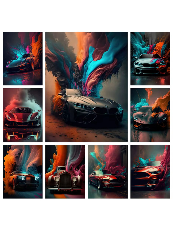 Modernes Diamant-Gemälde mit futuristischen Supercars in bunt, 5D-Vollbohrer Mosaik-Set für die Heimdekoration von Jungen, Rund, B/T/H: 20,0 x 30,0 x 20,0 cm - Bild 2