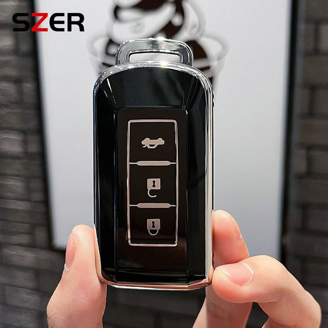 SZER TPU Auto-Fernschlüsselhülle für Mitsubishi Outlander ASX Pajero LANCER Sport Eclipse, 3-Tasten Smart Keyless Zubehör, Schwarz - Bild 1