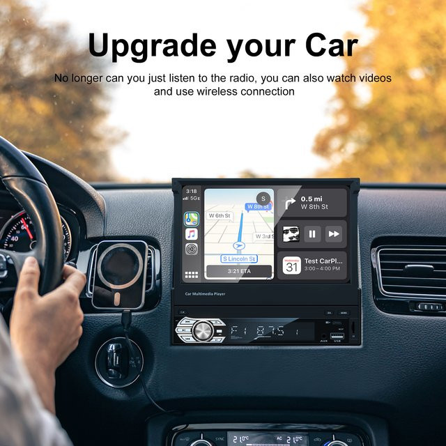 Ezonetronics Universal 7-Zoll einziehbarer MP5 Auto-Multimedia-Player mit kabellosem CarPlay und Android Auto in Schwarz - Bild 1