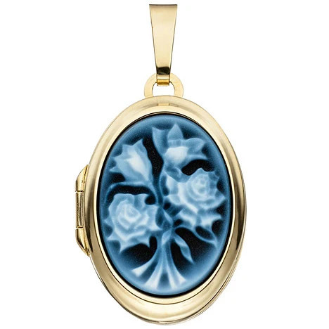 Colfem Anhänger Medaillon oval, 585 Gelbgold, Kamee, Blumen - Bild 1