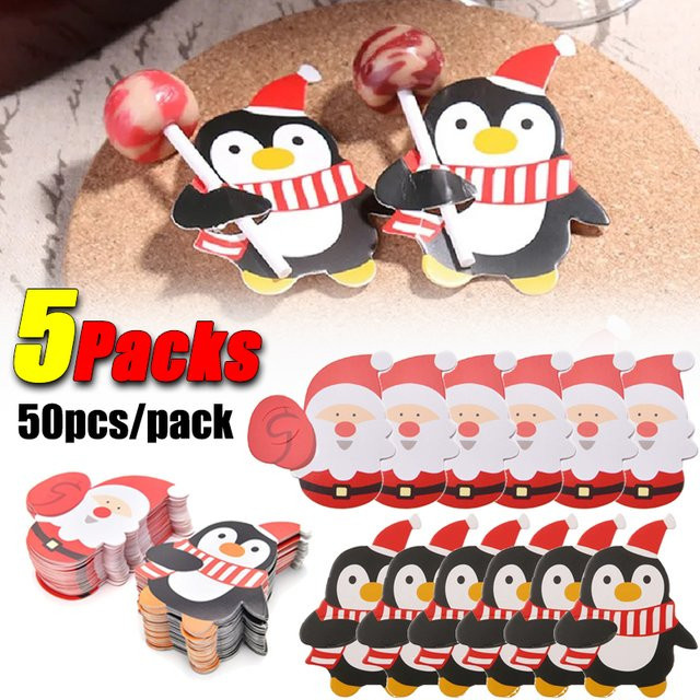 5er Packung Weihnachtliche Süßigkeiten Geschenkverpackung aus Papier mit Lutscher-Kartenhalter im Santa und Pinguin Design, Mehrfarbig - Bild 1