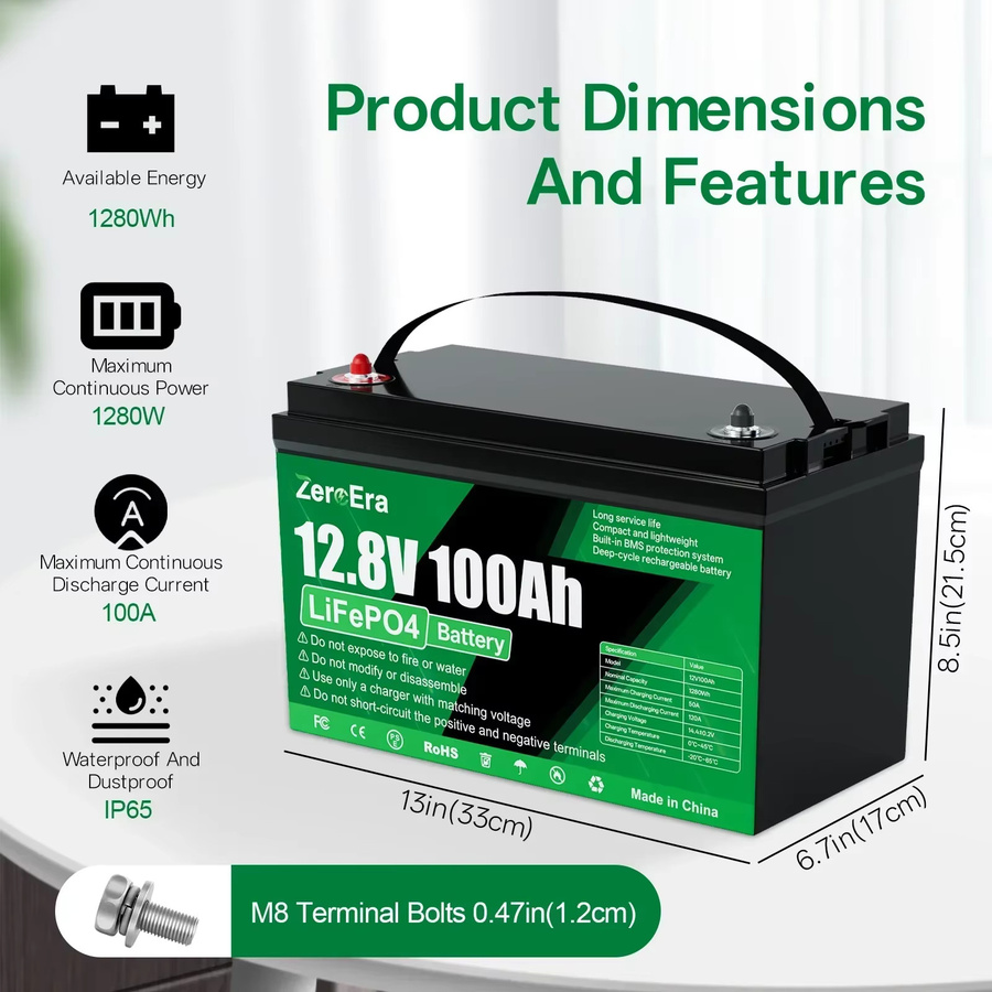 ZeroEra LiFePO4 Batterie 12V 100Ah 1280Wh mit integriertem BMS für Wohnmobile, LKWs und Camper - Bild 3