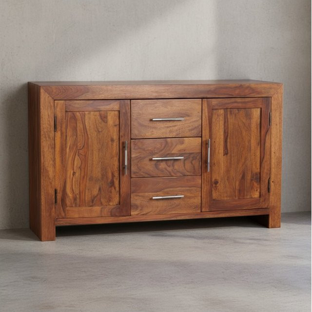 KADIMA DESIGN Sideboard aus Massivholz Sheesham im Landhaus-Stil mit 3 Schubladen und 2 Türen, Braun, B: 118 cm, H: 70 cm, T: 40 cm - Bild 1