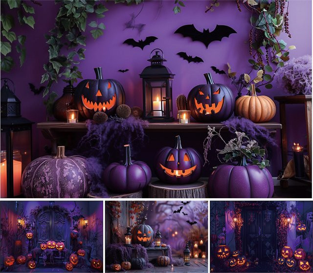 Yeele Halloween Fotografie Hintergrund mit lila Schloss, Kürbis und Fledermäusen für Kinderporträts - Bild 1
