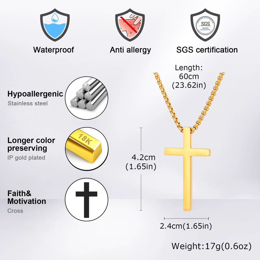Vnox Halskette mit Kreuz-Anhänger, Edelstahl, Gold, Unisex - Bild 4