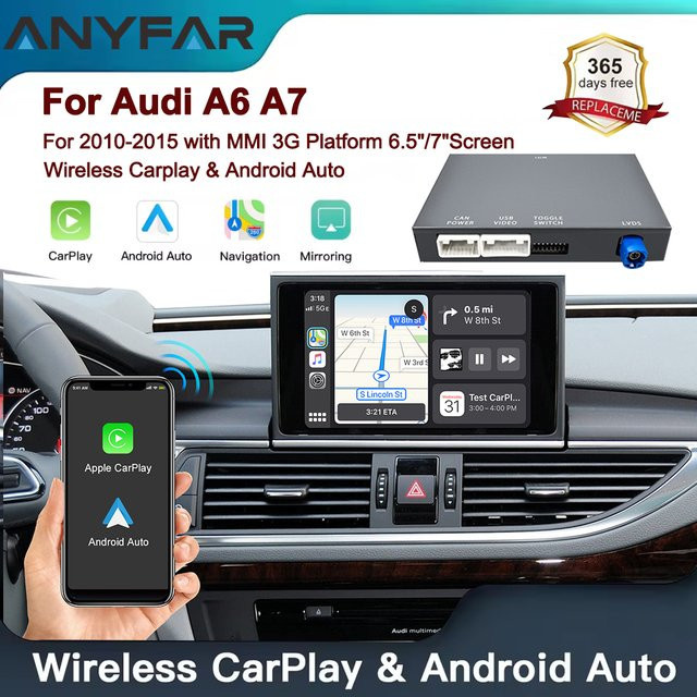 ANYFAR Kabelloses CarPlay und Android Auto Interface Nachrüst-Kit für Audi A6 A7 2010-2015 mit 6,5 Zoll oder 7 Zoll MMI 3G Bildschirm, Schwarz - Bild 1