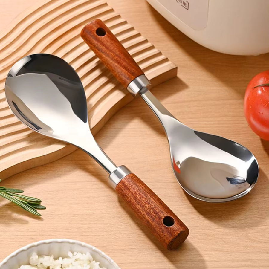 Venlohome Edelstahl-Reislöffel mit Holzgriff in Silber und Braun, hitzebeständiger Reiswaschlöffel und Spatel mit ovaler Form, Länge: 22,5 cm, Breite: 7,5 cm - Bild 3