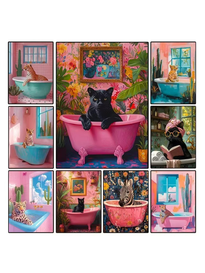 Minimalistisches Leinwandposter von Potdemiel mit Tier-Motiv Schwarz Katze und Gepard in der Badewanne in den Farben Schwarz, Rosa und Orange - Bild 4
