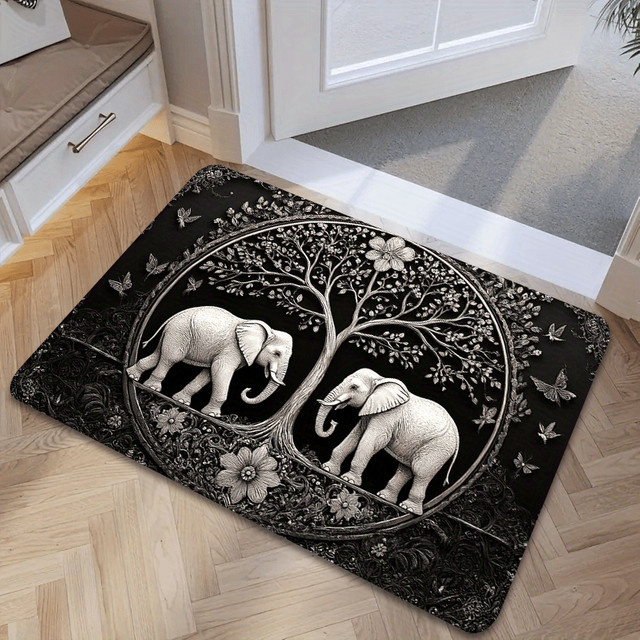 VIKAMA Teppich mit Elefanten-Motiv in Schwarz, rechteckige Bodenmatte im Ethnic-Design für Wohnzimmer, Schlafzimmer oder Flur - Bild 1