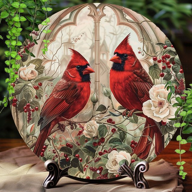 Potdemiel Vintage Cardinal Birds Metall-Wandkunst rund, Durchmesser: 20 cm - Bild 1