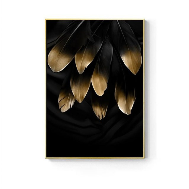 TPFLiving Leinwandbild Nordic Art Goldene Blätter Kunstdruck in Schwarz Weiß Grau mit botanischem Motiv, Breite: 60 cm, Höhe: 80 cm - Bild 1