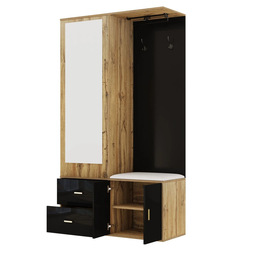 okwish Kleiderschrank Set für den Flur mit Spiegel und Schuhbank in Schwarz, B/T/H: 100 x 38 x 180 cm - Bild 2