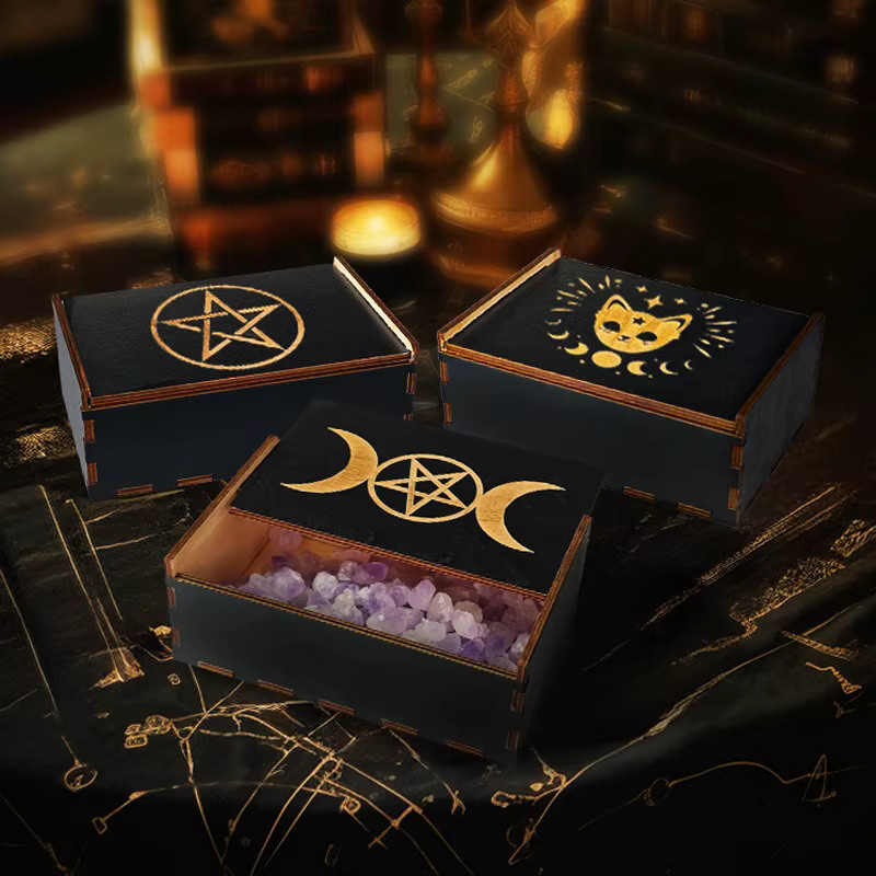 Holzkiste mit Sternzeichen Lotus Design als Tarot-Kartenverpackung und Organizer in Schwarz - Bild 2