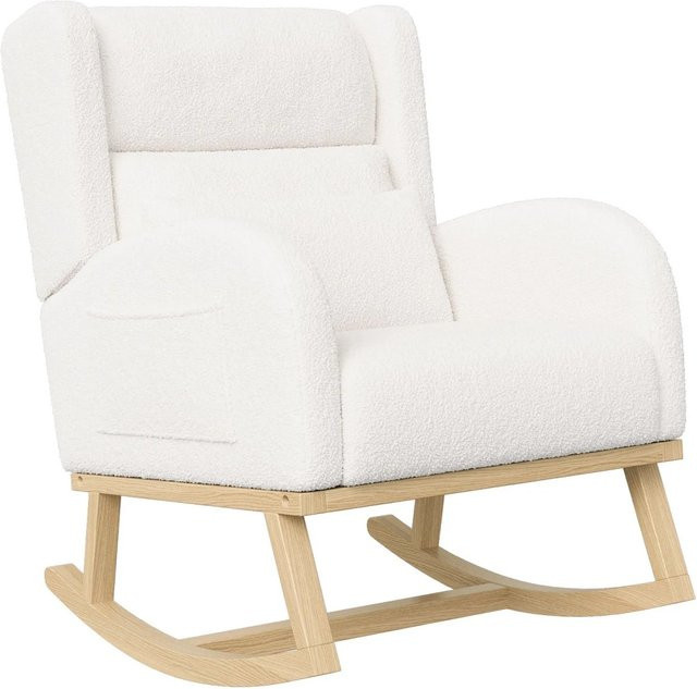 PXloue Polsterstuhl Schaukelsessel mit Lendenkissen aus weißem Bouclé-Stoff und Holzgestell für Wohnzimmer und Schlafzimmer - Bild 1