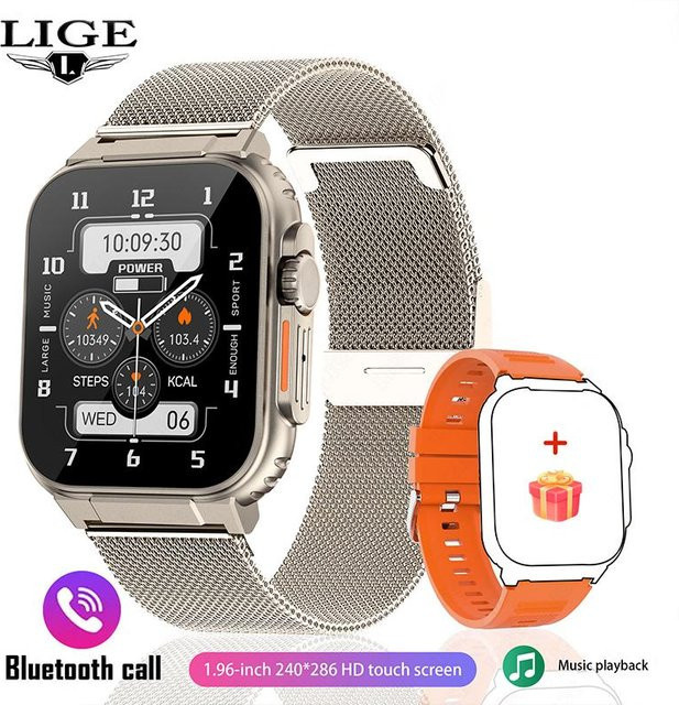 LIGE Smartwatch mit Siri-Funktion, Bluetooth-Telefonie, TWS-Musik und großem 600mAh Akku, Sportuhr mit Herzfrequenz- und Blutsauerstoffmessung, Gold, Mesh-Armband - Bild 1