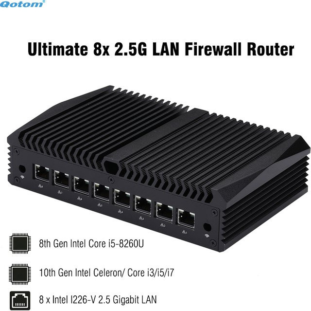 Qotom Barebone Lüfterloser Mini-PC mit 8x Intel i226-V 2.5G LAN, Core i7-10510U oder i5-8260U, Firewall Router Soft Router mit RS232 Konsole - Bild 1
