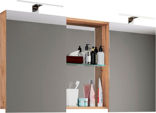 VCM Spiegelschrank Budasi Badschrank in Eiche Braun mit LED-Beleuchtung und sechs Fachböden, B/T/H: 112 x 12 x 59 cm - Bild 1