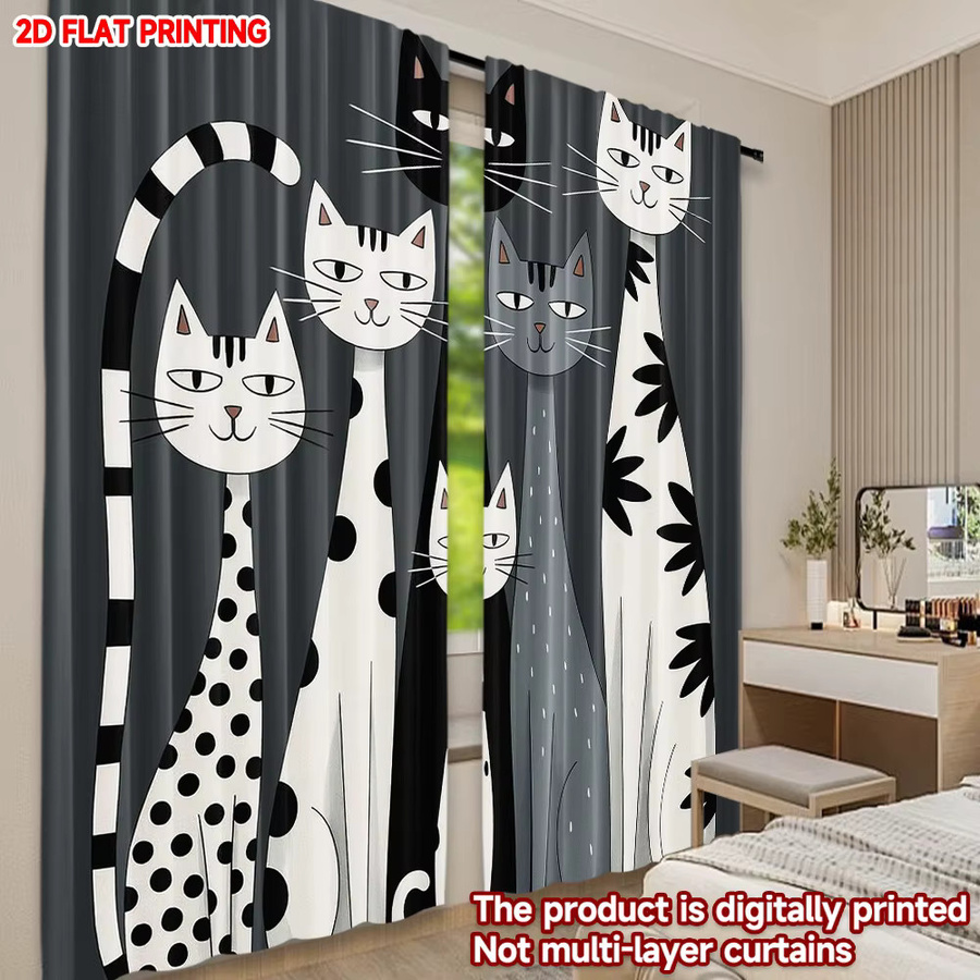 2er-Set Szenenvorhänge mit Cartoon-Katzen-Motiv, digital bedruckte Polyester-Vorhänge für den Innenbereich, Mehrfarbig - Bild 6