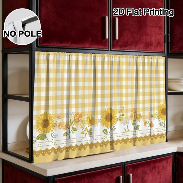 VIKAMA Flachschrankvorhang mit Sonnenblumen-Motiv und Karomuster in Gelb für Badezimmer und Wohnzimmer - Bild 1