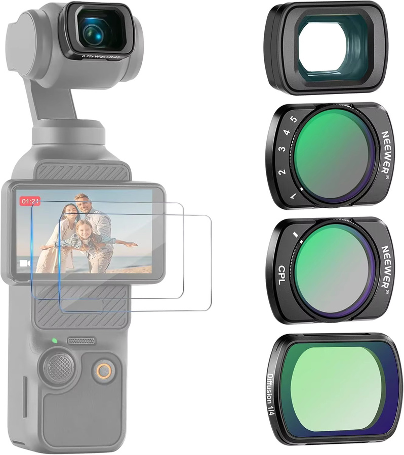 NEEWER Filterset für DJI Osmo Pocket 3 und DJI Osmo Pocket 4 mit 0,75x Weitwinkelobjektiv 108 Grad FOV, variablem ND 2-32, CPL und schwarzem Diffusionsfilter in Schwarz - Bild 1
