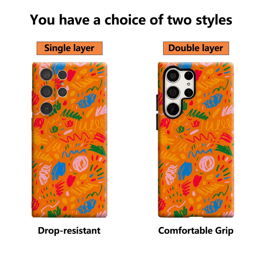 Glänzende Handyhülle mit orangefarbenem Kritzel-Design für Samsung Galaxy S25 Ultra, S24 und S23 Ultra Plus mit doppellagiger Rückseite - Bild 2